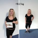 Lächelnde Frau zeigt ihre beeindruckende Vorher-Nachher-Transformation mit einer Gewichtsabnahme von 13,2 kg dank des BENFIT Fitness- und Ernährungsprogramms. Auf dem linken Bild hält sie das BENFIT-Programmheft, auf dem rechten Bild präsentiert sie stolz ihre schlankere Figur und einen gesunden, selbstbewussten Lebensstil.