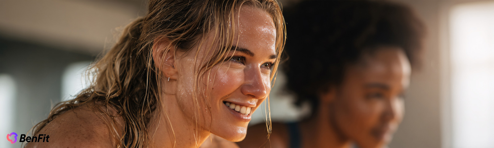 Ein Porträt zweier verschwitzter Frauen nach dem Training, die das Logo "BenFit" im Vordergrund repräsentieren, ideal für Werbung im Bereich Fitness und Ernährung.