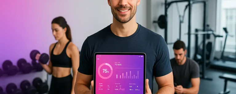 Een professionele fitnesstrainer presenteert een moderne fitness-app op een tablet, terwijl leden op de achtergrond trainen in een goed uitgerust fitnesscentrum.
