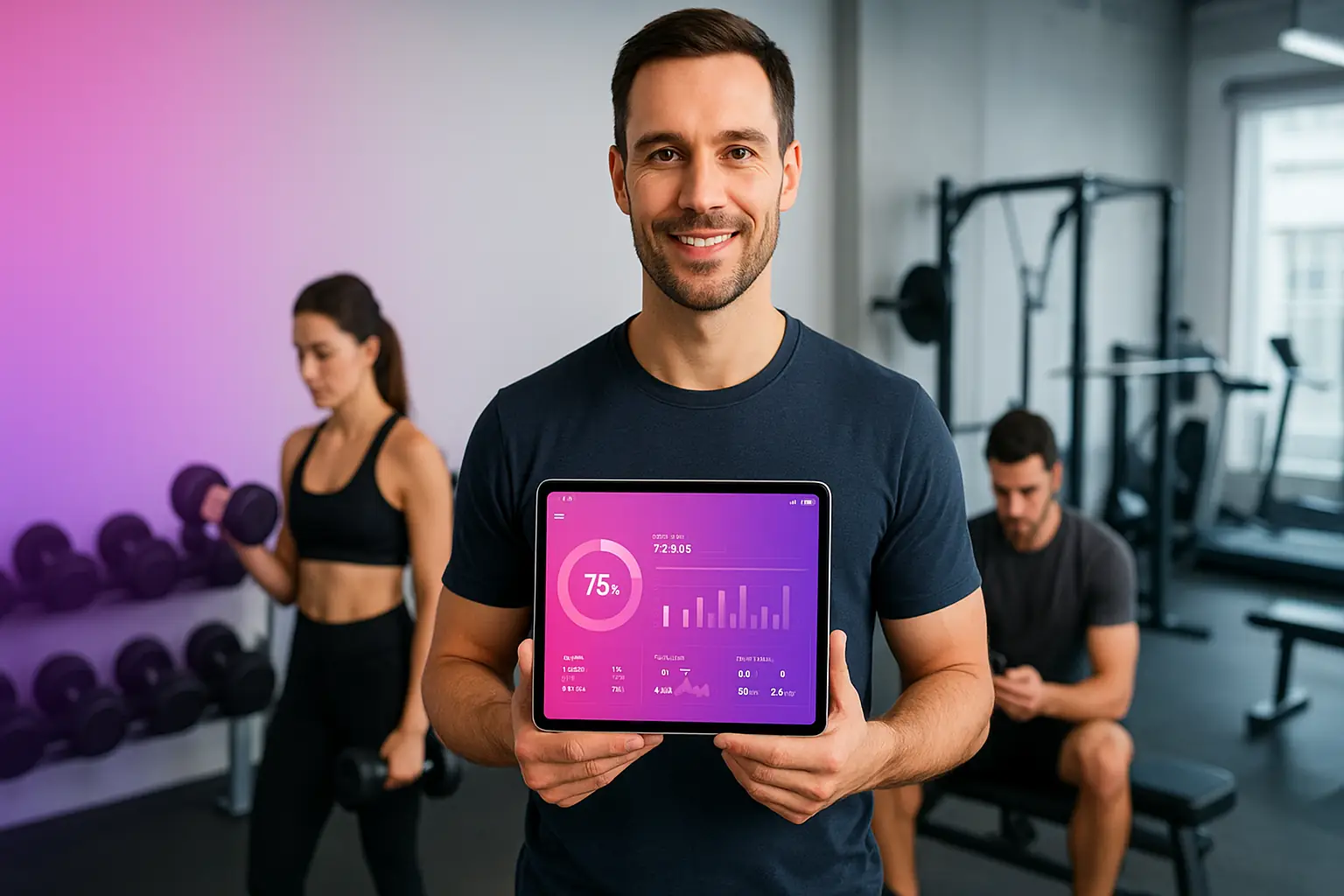 Een professionele fitnesstrainer presenteert een moderne fitness-app op een tablet, terwijl leden op de achtergrond trainen in een goed uitgerust fitnesscentrum.